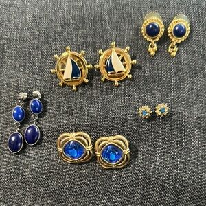 Nautical and Floral Earring Set in Gold and Blue